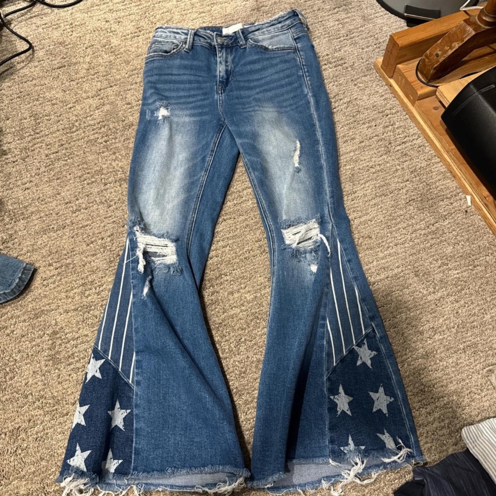 Women's Blue Flare Jeans with Star Design